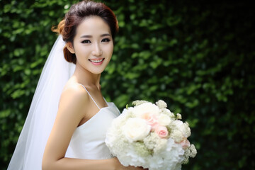 Smiling bride with bouquet, Bride holding bouquet.