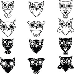 Set of cutecartoon owls illustration. Black and white cute owls cartoon character, mascot