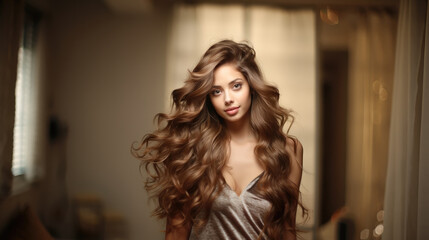 Obraz na płótnie Canvas Beautiful brunette model girl and curly long hair, Fashionable, stylish, Salon hairstyles.
