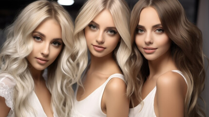 Fototapeta premium Beautiful young girls, Three beautiful girls in white wedding dresses with hair coloring in ultra blond.