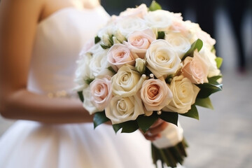 Obraz na płótnie Canvas Bride holding bouquet of flowers, Love lives in the smallest of details, wedding dress, wedding bouquet.