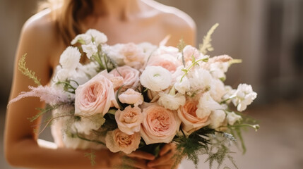 Bride holding a beautiful bouquet of colorful fresh flowers in her hands.
