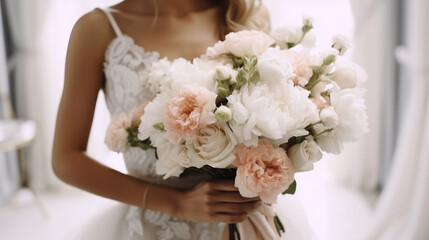 Obraz na płótnie Canvas Bride holding bouquet of flowers, Love lives in the smallest of details, wedding dress, wedding bouquet.