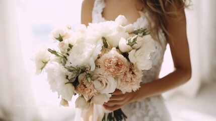 Bride holding bouquet of flowers, Love lives in the smallest of details, wedding dress, wedding bouquet.