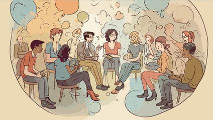 vector art of different types people group discussing. social family 