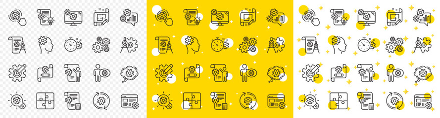 Set of Idea bulb, Dividers tools and Blueprint linear icons. Engineering line icons. Cogwheel, calculate price, mechanical tools. Idea bulb with cog, architect dividers, engineering people. Vector