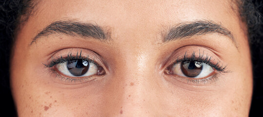 Eyes, vision and face closeup of woman for eyesight, optical care and eyelash extension with mascara. Eyebrows, eyecare and portrait of natural female person with cosmetics, microblading and beauty