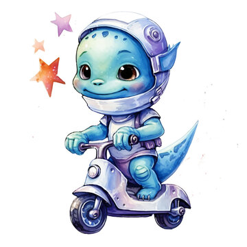 Watercolor Cute Baby Dinosaur On Scooter Clipart