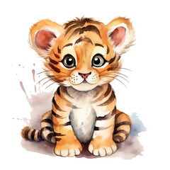 Fototapeta na wymiar Watercolor cute baby tiger clipart