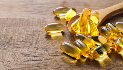 Fish oil capsules on wooden background, vitamin D supplement - obrazy, fototapety, plakaty