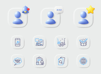 Drums, Accounting and Quick tips line icons. Placeholder with 3d star, reminder bell, chat. Pack of Inspect, Smartphone statistics, Inventory report icon. Bumper cars, Seo internet pictogram. Vector