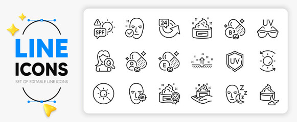 Spf protection, Sun protection and Niacin vitamin line icons set for app include Skin care, Health skin, Night cream outline thin icon. Moisturizing cream, Sunglasses, Vitamin e pictogram icon. Vector
