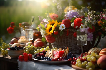 Naklejka na ściany i meble Exquisite Table Setting Adorned with Fresh Fruits and Flowers - AI generated