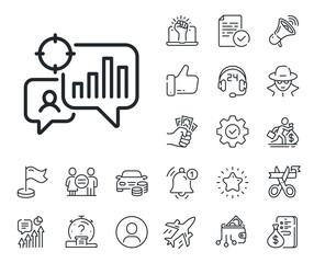 Search engine optimization sign. Salaryman, gender equality and alert bell outline icons. Seo statistics line icon. Analytics chart symbol. Seo statistics line sign. Vector