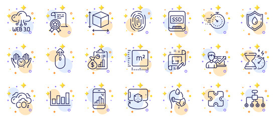 Outline set of Report, Augmented reality and Ssd line icons for web app. Include Blood donation, Restructuring, Fingerprint pictogram icons. Sick man, Timer, Certificate signs. Vector