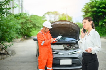 male insurance officer came to help inspect a customer's car that had an accident. Concept for vehicle crash, insurance claim.