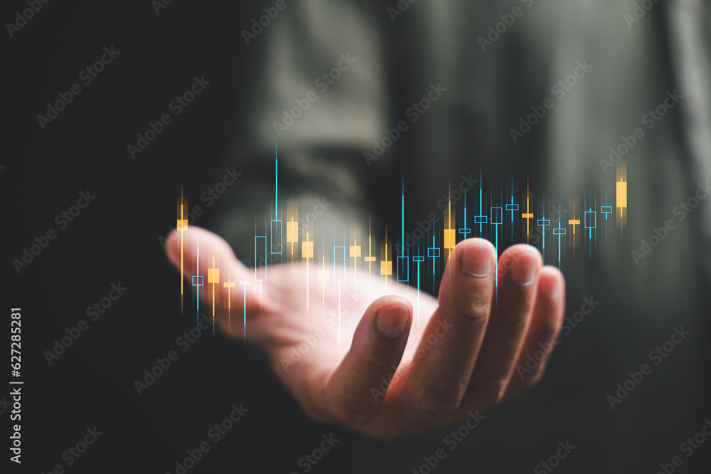 Poster seizing opportunities in the dynamic stock market, a trader or investor utilizes a handheld device t