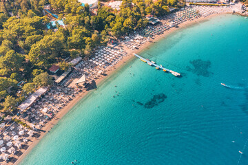 Aerial beach view in Antalya city. Turkish riviera and vacations in summer - obrazy, fototapety, plakaty