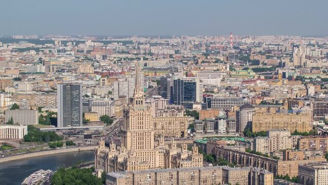 Panoramic aerial view from Skyscrapers of Moscow City business complex timelapse from top. Former hotel Ukraine and residential buildings with waterfront