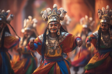 Captivating Traditional Tibetan Dance Performance with Masked Man in Traditional Attire - AI generated