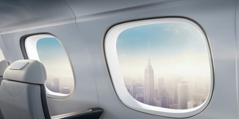 A modern city skyline through the airplane windows - Generative AI