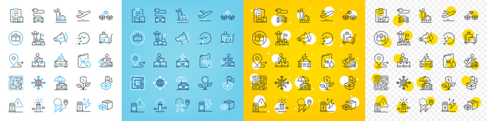 Vector icons set of Maze, Packing boxes and Delivery location line icons pack for web with Journey, No handbag, Parcel shipping outline icon. Charging station, Online storage. Vector