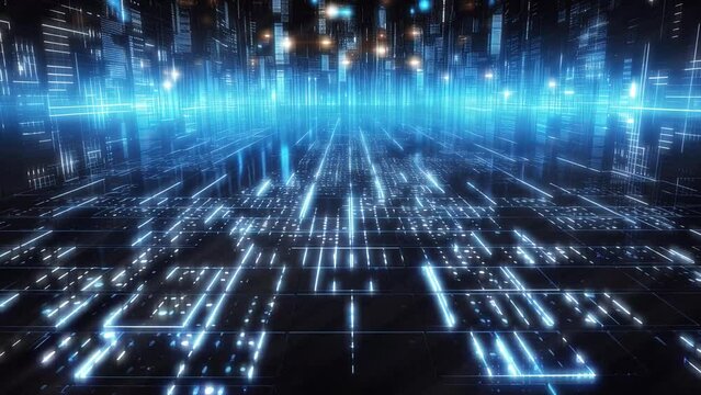 Digital cyberspace abstract vertical animation. Moving numbers and lines appear on a blue background. Abstract digital security, artificial intelligence concepts. Seamless animation