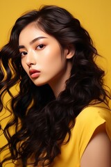 Naklejka premium Close-up portrait of young asian beauty woman with curly hair