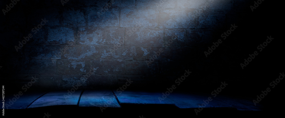 Wall mural a scary halloween background of a wooden floor in a dark stone dungeon at night with light coming in