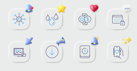 Loyalty points, Dating app and Multichannel line icons. Buttons with 3d bell, chat speech, cursor. Pack of Calendar, Waterproof, Photo studio icon. Scroll down, Power bank pictogram. Vector