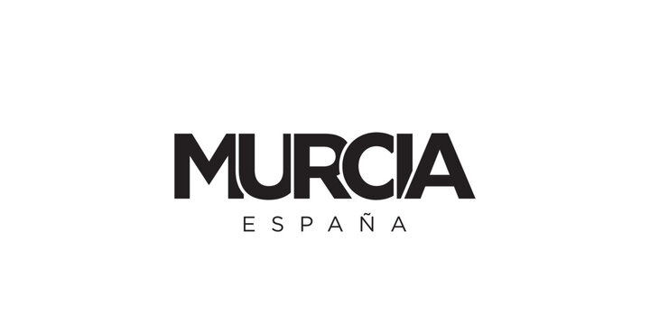 Murcia in the Spain emblem. The design features a geometric style, vector illustration with bold typography in a modern font. The graphic slogan lettering.