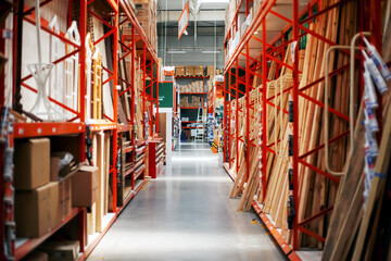 Istanbul, Beylikduzu - Turkey - 05.19.2023: construction market view from between shelf, various...
