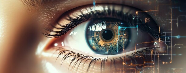 eye of a woman, blue, with a blurred background, in the style of technological design, wide angle lens, light blue and brown, photographic montage