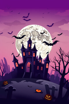 Happy halloween wide banner or party invitation orange purple blue background with violet fog clouds sky, bats, cats, castle house, tombstone and scary pumpkins. Halloween sale. Generative AI