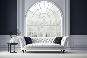 white sofa in an elegant room with windows, in the style of realistic lighting, simplicity, white and navy, minimalist backgrounds