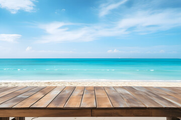Fototapeta premium Wooden Table on a Beach with Sea, product display space