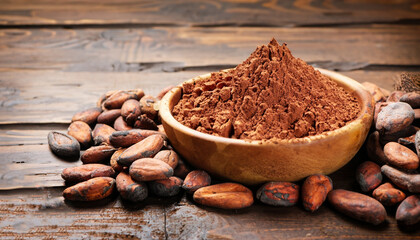 Cocoa powder and cocoa beans on wooden background