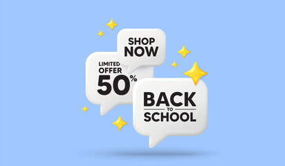 Back to school tag. 3d offer chat speech bubbles. Education offer. End of vacation slogan. Back to school speech bubble 3d message. Talk box stars banner. Vector