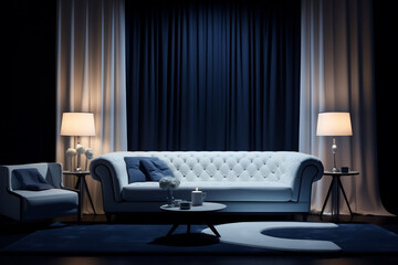 white sofa in an elegant room with curtains, in the style of realistic lighting, simplicity, white and navy, minimalist backgrounds