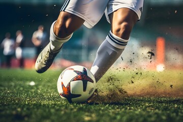 An action image of a soccer player hitting a soccer ball in the goal coast with full force, The football player is ambitious to score the goal and win the game - obrazy, fototapety, plakaty