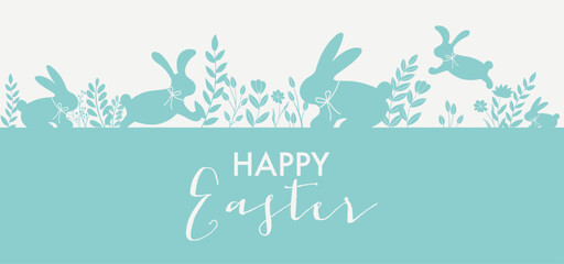 Easter bunnies border design vector illustration. Holiday background with blue bunnies, flowers, plants silhouettes isolated on white background. Text greeting sign. Simple flat style.