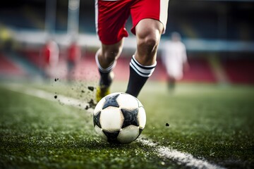 An energetic football player running fast to make a goal with a football, Soccer Player, with the ball sticking to their foot, maneuvers gracefully on the stadium turf