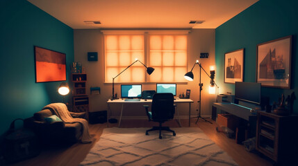 zoom background of a home office studio with screens lights and computers