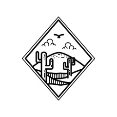 Badges and emblem cactus desert and mountain monoline line art style illustration