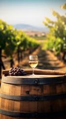 old wooden barrel on the background of vineyards