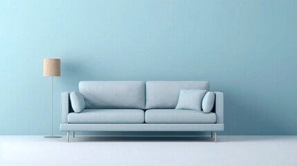 Fototapeta na wymiar minimal design appartment, modern living-room, colourful furniture, perpendicular composition, center perspective, very detailed, photorealistic, photographic, couch