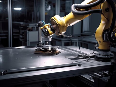 This Image Depicts A Closeup View Of A Robotic Arm Holding A Wrench While Repairing A Machine, Symbolizing The Integration Of AI In Modern-day Manufacturing Processes.