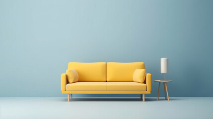 minimal design appartment, modern living-room, colourful furniture, perpendicular composition, center perspective, very detailed, photorealistic, photographic, couch