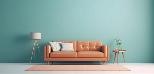 minimal design appartment, modern living-room, colourful furniture, perpendicular composition, center perspective, very detailed, photorealistic, photographic, couch