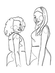 Continuous one line drawing of girl best friends illustration. Vector illustration.